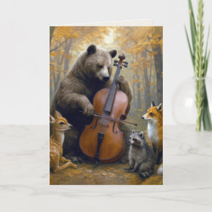 Tarjeta Oso de cumpleaños tocando el violonchelo en el bos