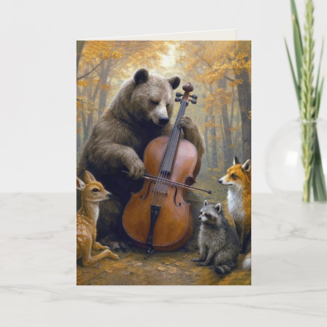 Tarjeta Oso de cumpleaños tocando el violonchelo en el bos (Anverso)