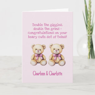 Tarjeta Oso de Felicitación para Gemelas Bebé Personalizad