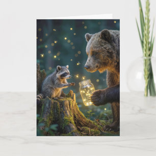 Tarjeta Oso de Gracias con Mapache y Luciérnagas