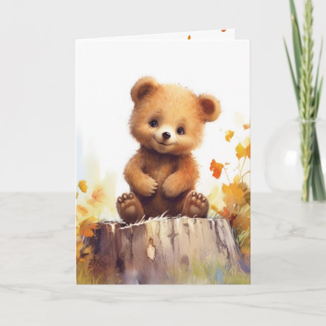 Tarjeta Oso De Otoño De Acuarela Sobre Un Tapón De Árbol (Anverso)
