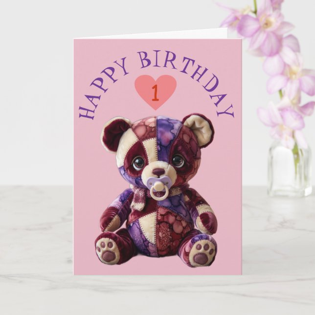 Tarjeta Oso de patchwork suave para acurrucarse (Orquídea)