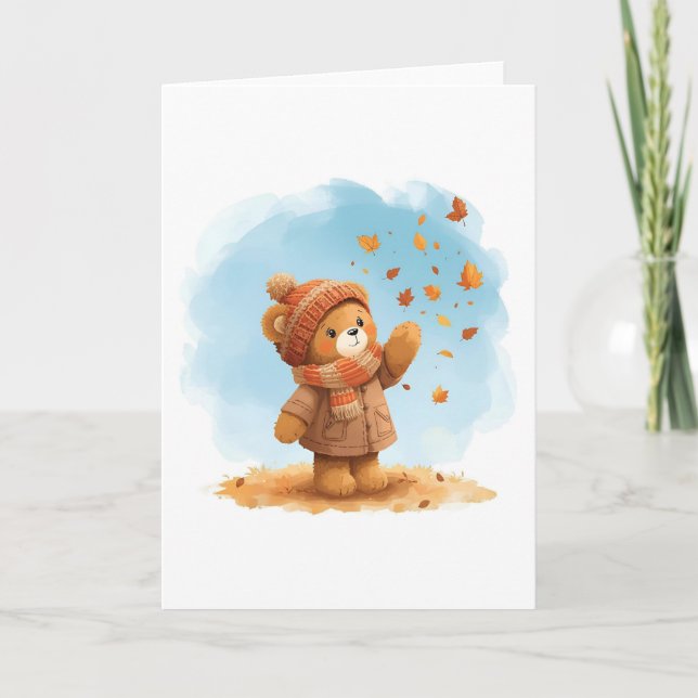 Tarjeta Oso de peluche adorable atrapando hojas de otoño (Anverso)