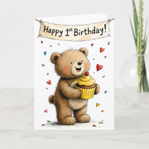 Tarjeta Oso de peluche caprichoso lindo Feliz primer cumpl