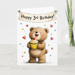 Tarjeta Oso de peluche caprichoso lindo Feliz tercer cumpl