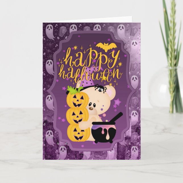 Tarjeta Oso de peluche con caldero - Feliz Halloween (Anverso)