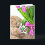 Tarjeta Oso de peluche con ramo de tulipán<br><div class="desc">Oso de peluche marrón con ramo de tulipán rosa sosteniendo una tarjeta de felicitación por 90 años</div>