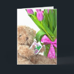 Tarjeta Oso de peluche con ramo de tulipán<br><div class="desc">Oso de peluche marrón con ramo de tulipán rosa sosteniendo una tarjeta de felicitación por 90 años</div>