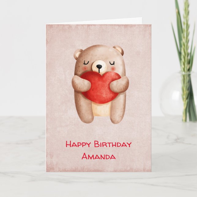 Tarjeta Oso de peluche con un cumpleaños de corazón rojo (Anverso)
