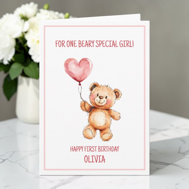Tarjeta Oso de peluche Cute Globo Rosa Feliz 1er Cumpleaño (Teddy Bear Cute Pink Balloon Happy 1st Birthday Card)
