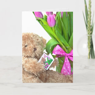 Tarjeta Oso de peluche de cumpleaños con ramo de tulipán