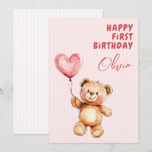 Tarjeta Oso de peluche de globo rosa a rayas Feliz cumplea