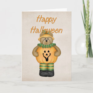Tarjeta Oso de peluche de Halloween con traje de calabaza