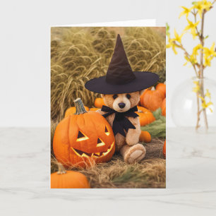 Tarjeta Oso de peluche de Halloween y Jack O Lantern
