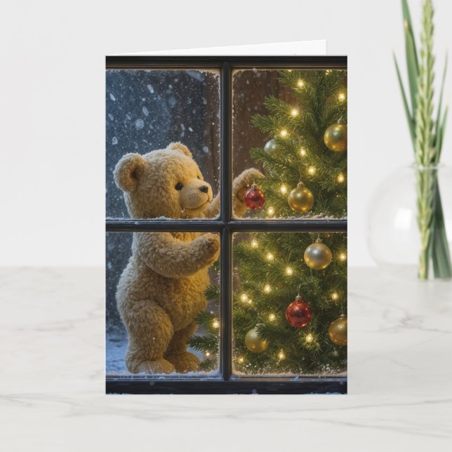 Tarjeta Oso de peluche de Navidad decorando un árbol (Anverso)