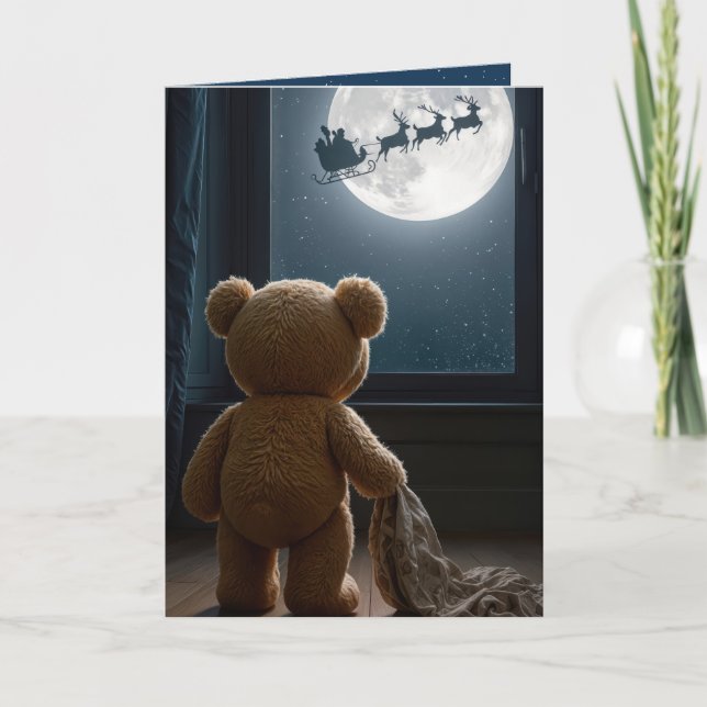 Tarjeta Oso de peluche de Navidad mirando a Santa (Anverso)