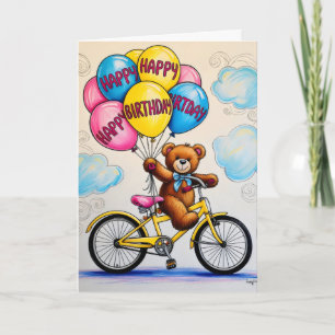 Tarjeta Oso de peluche en bicicleta con globos