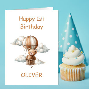 Tarjeta Oso de peluche en globo aerostático cumpleaños 1