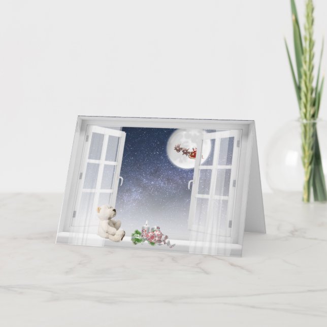 Tarjeta oso de peluche en la ventana de Navidad (Anverso)