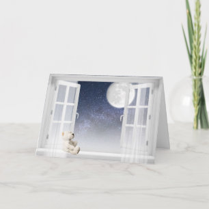 Tarjeta oso de peluche en ventana por amistad