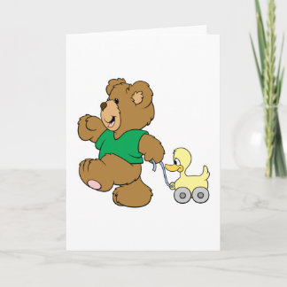 Tarjeta oso de peluche juguetón con juguete pato