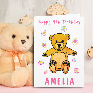 Tarjeta Oso de peluche lindo flores rosadas feliz cumpleañ