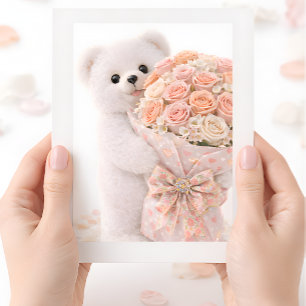 Tarjeta Oso de peluche lindo sosteniendo un ramo de rosas