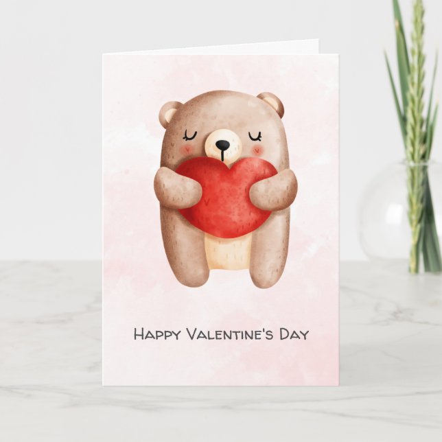 Tarjeta Oso de peluche llevando un corazón rojo San Valent (Anverso)