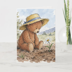 Tarjeta Oso de peluche mirando una margarita en crecimient