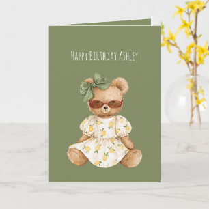 Tarjeta Oso de peluche niña lazo verde cumpleaños