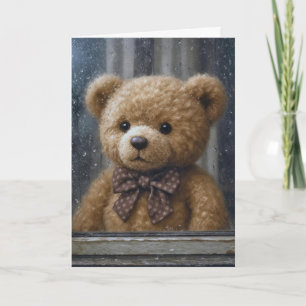 Tarjeta Oso de peluche pensando en ti en la ventana lluvio