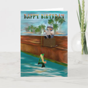 Tarjeta Oso de peluche pescando 4 Feliz Cumpleaños