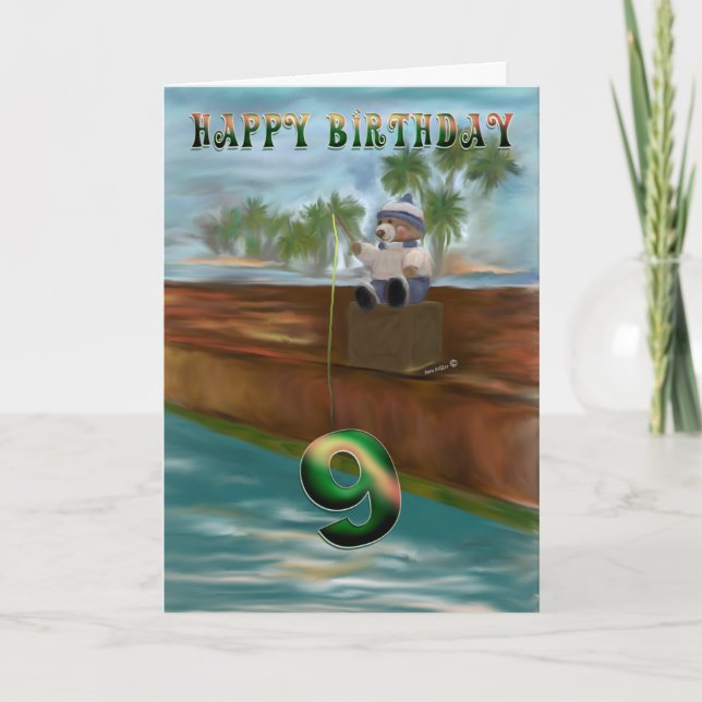 Tarjeta Oso de peluche pescando 9 Feliz Cumpleaños (Anverso)