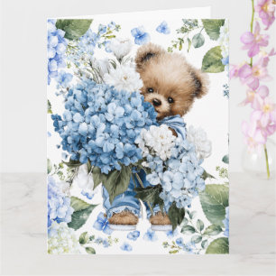 Tarjeta Oso de peluche sostiene flores de hortensias