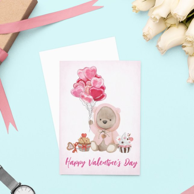 Tarjeta Oso de San Valentín Teddy con globos cardíacos (Subido por el creador)