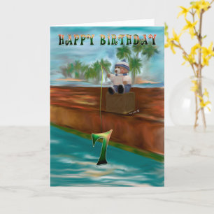 Tarjeta Oso de Teddy pescando 7 Feliz Cumpleaños