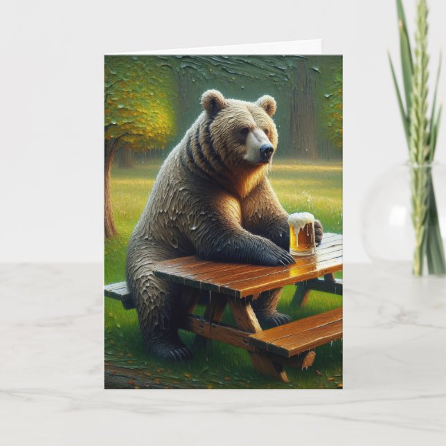 Tarjeta Oso del día del nombre con una cerveza (Anverso)