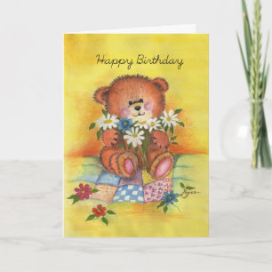 Tarjeta Oso del feliz cumpleaños con las margaritas