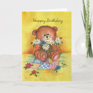 Tarjeta Oso del feliz cumpleaños con las margaritas