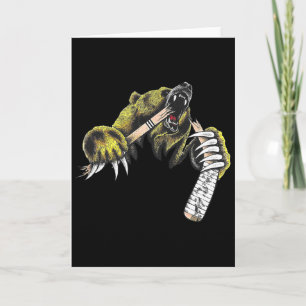 Tarjeta Oso Grizzly Irrumpe Mientras Muerde Palo de Hockey