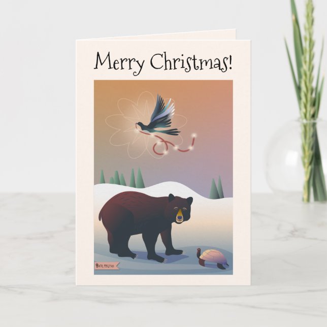 Tarjeta Oso ilustrado, urraca, nieve feriada de tortuga (Anverso)