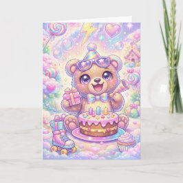 Tarjeta Oso Kawaii Cumpleaños Patineta Arcoíris Pastel