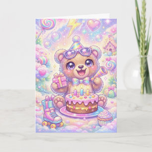 Tarjeta Oso Kawaii Cumpleaños Patineta Arcoíris Pastel