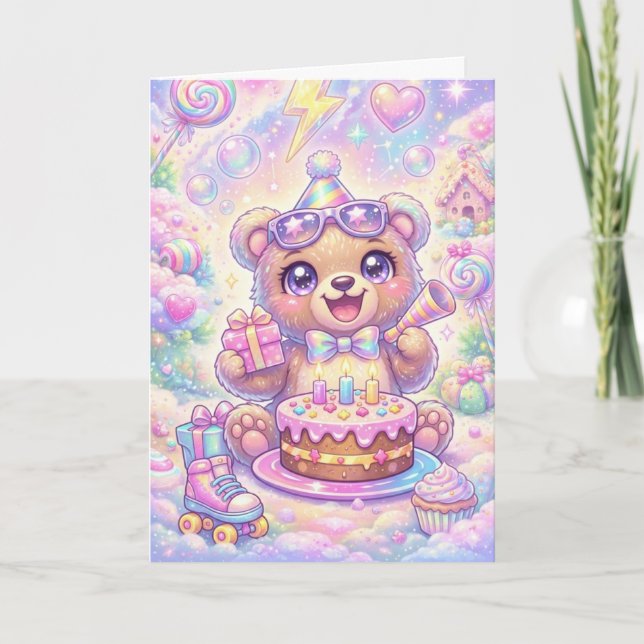 Tarjeta Oso Kawaii Cumpleaños Patineta Arcoíris Pastel (Anverso)