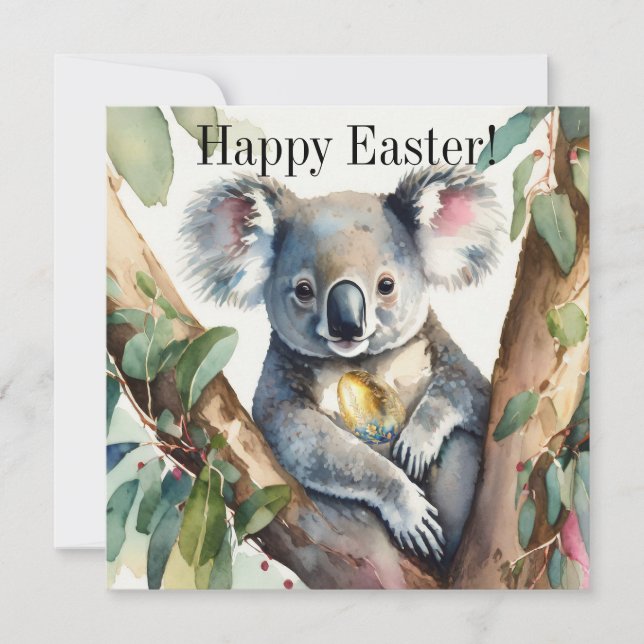 Tarjeta Oso Koala sosteniendo un huevo de pascua de oro (Anverso)
