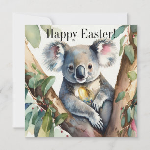 Tarjeta Oso Koala sosteniendo un huevo de pascua de oro