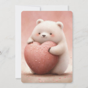 Tarjeta Oso lindo abrazando un corazón rosado