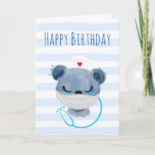 Tarjeta Oso lindo enfermero con máscara Feliz Cumpleaños