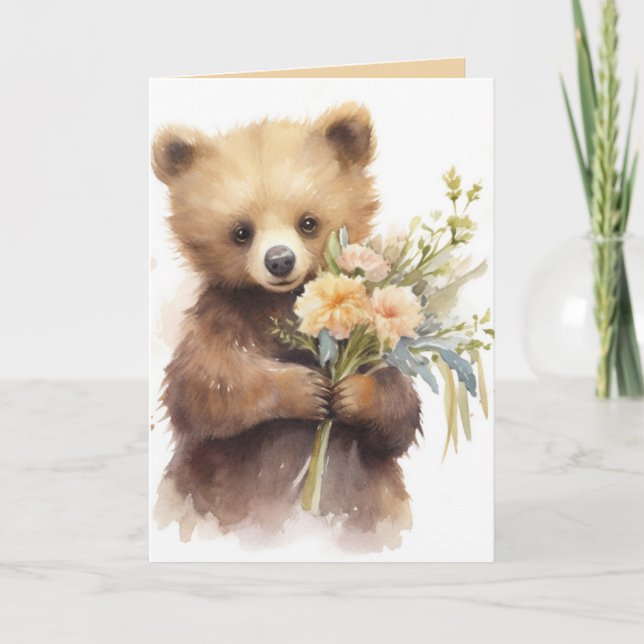 Tarjeta Oso Marrón De Acuarela Con Flores (Anverso)