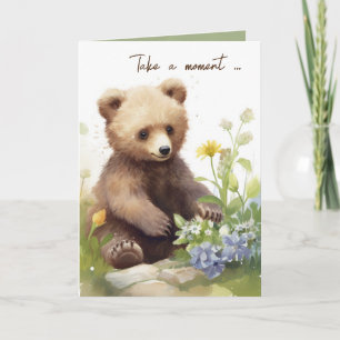 Tarjeta Oso Marrón De Acuarela Con Flores